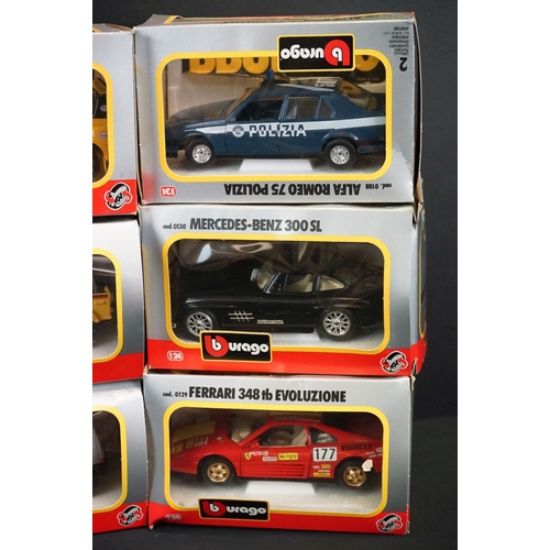 1100 - 13 Boxed Burago 1/24 diecast models to include 0116 Peugeot 205 Safari, 0121 Porsche 959, 0188 Alfa ... 