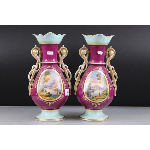 15 - Pair of Late 19th / Early 20th century Continental Porcelain Mantle Vases, each with a hand painted ... 