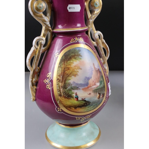 15 - Pair of Late 19th / Early 20th century Continental Porcelain Mantle Vases, each with a hand painted ... 