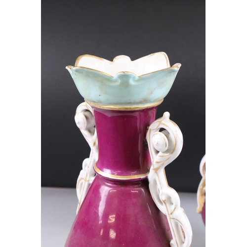 15 - Pair of Late 19th / Early 20th century Continental Porcelain Mantle Vases, each with a hand painted ... 