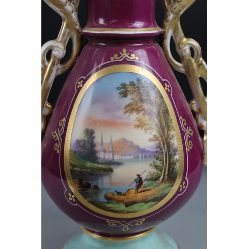 15 - Pair of Late 19th / Early 20th century Continental Porcelain Mantle Vases, each with a hand painted ... 