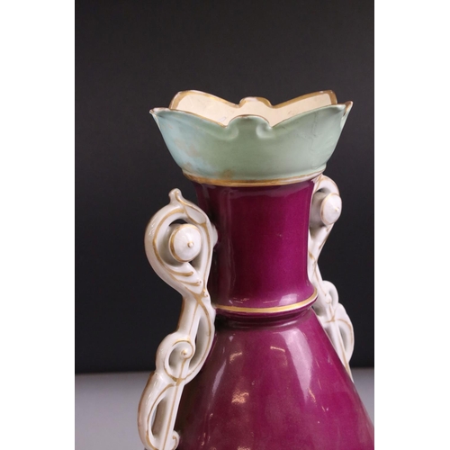 15 - Pair of Late 19th / Early 20th century Continental Porcelain Mantle Vases, each with a hand painted ... 