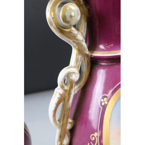 15 - Pair of Late 19th / Early 20th century Continental Porcelain Mantle Vases, each with a hand painted ... 
