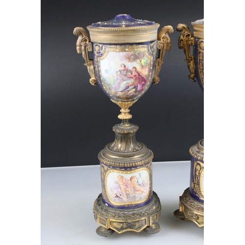 3 - Pair of 19th century Porcelain Urn Table Lamps in the Sevres style with gilt metal mounts, painted w... 