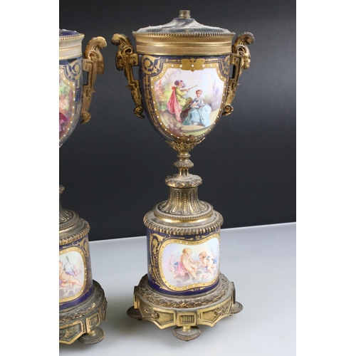 3 - Pair of 19th century Porcelain Urn Table Lamps in the Sevres style with gilt metal mounts, painted w... 