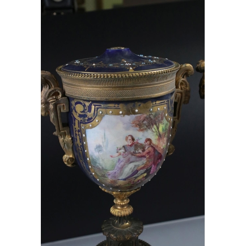 3 - Pair of 19th century Porcelain Urn Table Lamps in the Sevres style with gilt metal mounts, painted w... 