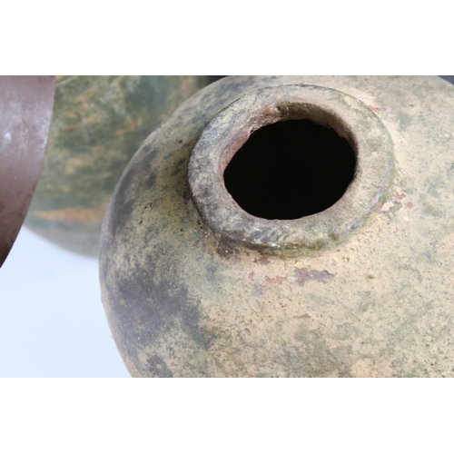 31 - Three Weathered Terracotta Urns with Metal Lids, tallest 40cm