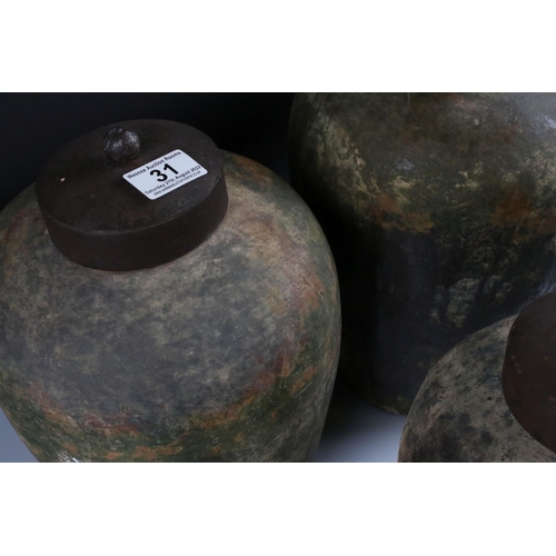 31 - Three Weathered Terracotta Urns with Metal Lids, tallest 40cm