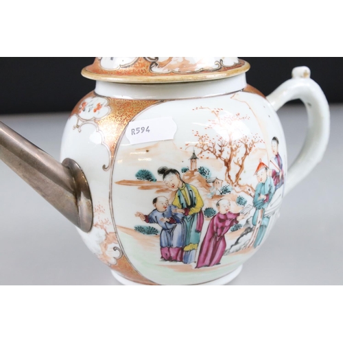 9 - 18th century Chinese Porcelain Globular Teapot decorated in the famille rose palette with figures, r... 