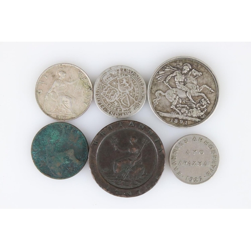 171 - A small collection of coins to include A King George III copper 1797 cartwheel two pence coins and a... 