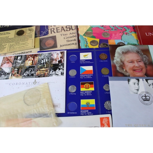 195 - A collection of mixed British and Foreign coins to include proof sets, banknotes, stamp covers and c... 