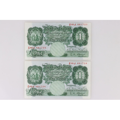 50 - Two British uncirculated £1 / One pound Bank of England banknotes, consecutive numbers Z66J481723 & ... 