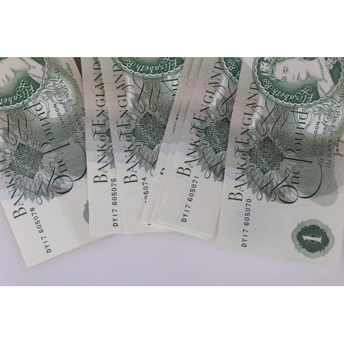 52 - A collection of ten Bank of England One Pound uncirculated banknotes, a complete ten note number run... 