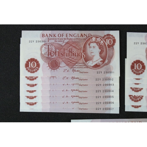 54 - A collection of ten Bank of England Ten Shillings uncirculated banknotes, a complete ten note run fr... 