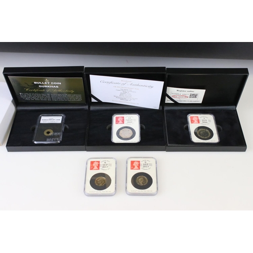 61 - A collection of date stamped slab mounted coins to include a cased 2016 £2 coin, a cased 2019 50p co... 