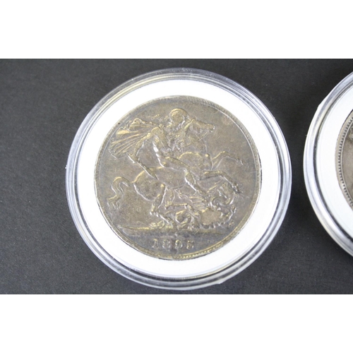 215 - Two British Queen Victoria silver full crown coins to include an 1889 and a 1895 example.