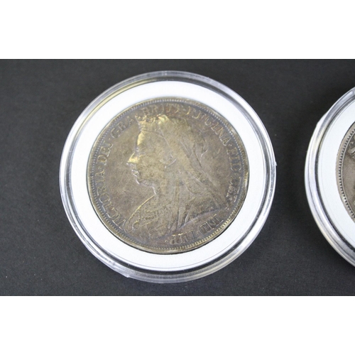 215 - Two British Queen Victoria silver full crown coins to include an 1889 and a 1895 example.