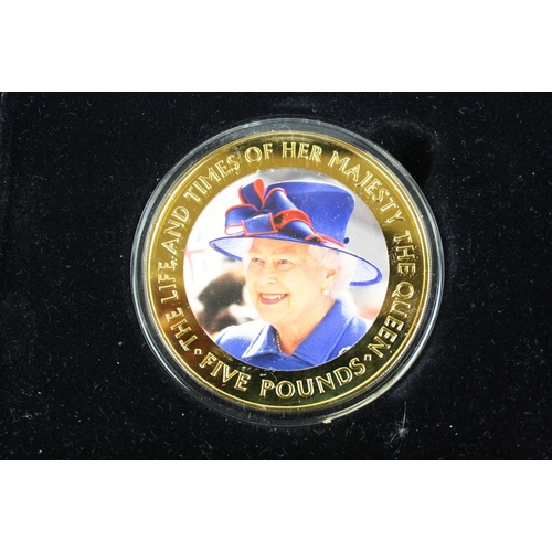 206 - A sterling silver 'The Life and Times of Her Majesty the Queen' gold plated 5oz proof 65mm £5 coin c... 