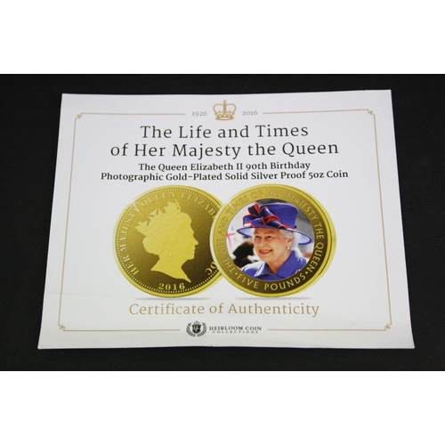 206 - A sterling silver 'The Life and Times of Her Majesty the Queen' gold plated 5oz proof 65mm £5 coin c... 