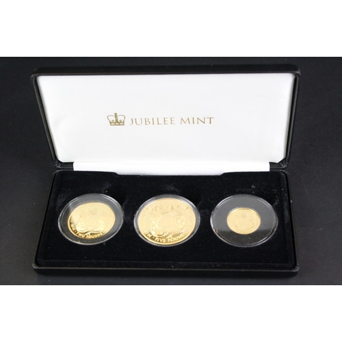 46 - The Jubilee Mint Queen Elizabeth II 90th Birthday 22ct gold proof three coin set to include the £5 c... 