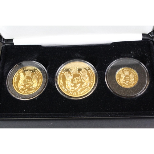 46 - The Jubilee Mint Queen Elizabeth II 90th Birthday 22ct gold proof three coin set to include the £5 c... 