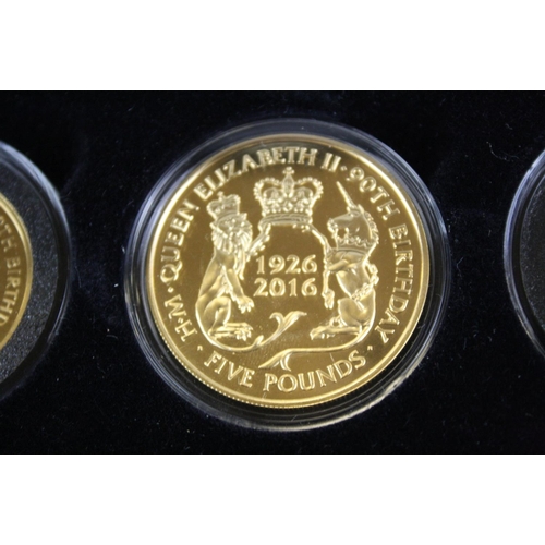 46 - The Jubilee Mint Queen Elizabeth II 90th Birthday 22ct gold proof three coin set to include the £5 c... 