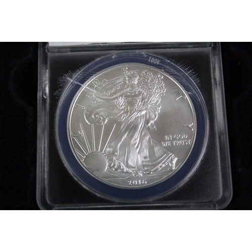 107 - A United States of America 2016 1oz silver dollar, slab mounted and in fitted presentation display b... 