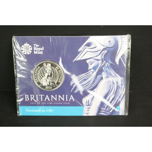 111 - A Britannia 2015 UK £50 fine silver coin together with the Outbreak 2014 UK £20 fine silver coin, bo... 