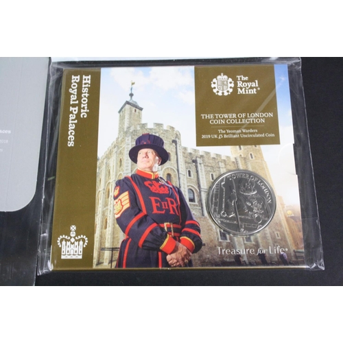 113 - The Royal Mint The Tower of London Collection of four brilliant cut 2019 £5 coins to include The Yeo... 