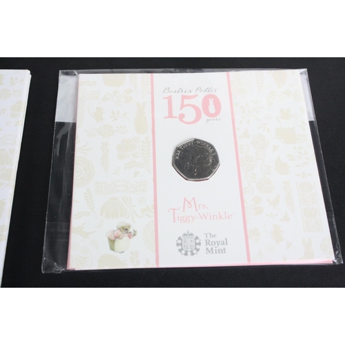 114 - A Collection of six The Royal Mint 150 years Beatrix Potter 50p coins to include Squirrel Nutkin, Pe... 