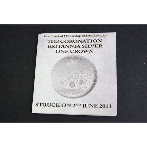 116 - A London Mint Office 2013 Coronation Britannia silver one crown coin in original display box with CO... 