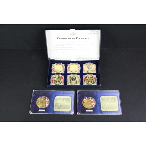 117 - A Windsor Mint Greatest British Sovereigns six coin set together with two Longest Reigning Monarch o... 