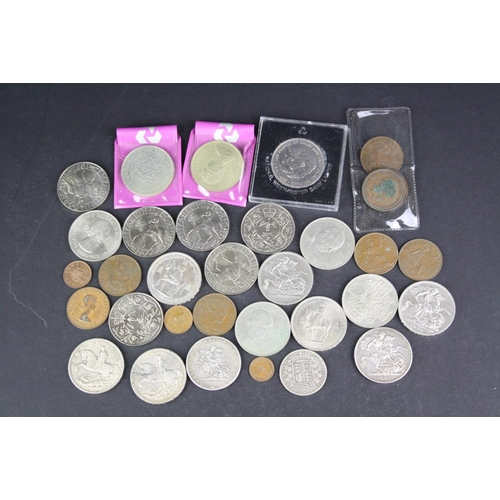 96 - A small collection of British pre decimal and commemorative coins to include Queen Victoria and King... 