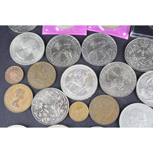 96 - A small collection of British pre decimal and commemorative coins to include Queen Victoria and King... 