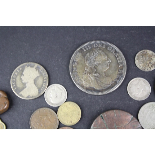 97 - A small collection of British pre decimal and foreign coins to include silver examples.