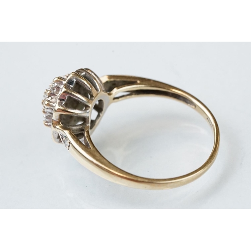 107 - Three 9ct yellow gold dress rings, comprising a diamond three tier cluster ring, ring size P½; a pea... 