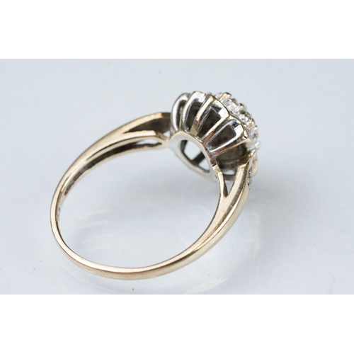 107 - Three 9ct yellow gold dress rings, comprising a diamond three tier cluster ring, ring size P½; a pea... 