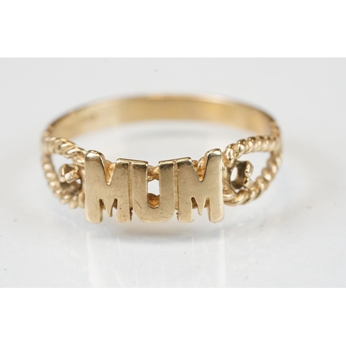 109 - Three 9ct yellow gold dress rings; to include 'mum' 9ct gold ring, size T; 9ct yellow and white gold... 