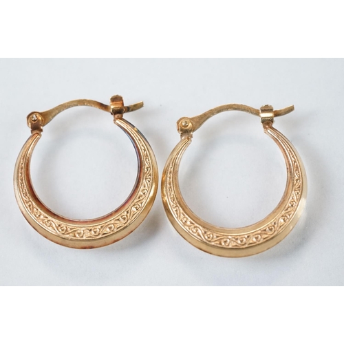 119 - Two pairs of 9ct yellow and white gold hoop earrings; together with two pairs of 9ct yellow gold dro... 