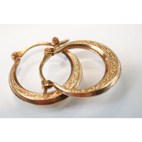 119 - Two pairs of 9ct yellow and white gold hoop earrings; together with two pairs of 9ct yellow gold dro... 