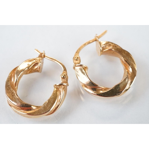 119 - Two pairs of 9ct yellow and white gold hoop earrings; together with two pairs of 9ct yellow gold dro... 