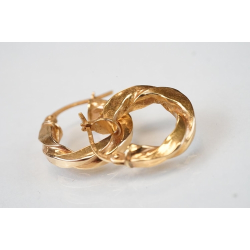 119 - Two pairs of 9ct yellow and white gold hoop earrings; together with two pairs of 9ct yellow gold dro... 