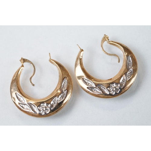 119 - Two pairs of 9ct yellow and white gold hoop earrings; together with two pairs of 9ct yellow gold dro... 