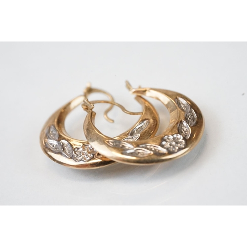 119 - Two pairs of 9ct yellow and white gold hoop earrings; together with two pairs of 9ct yellow gold dro... 