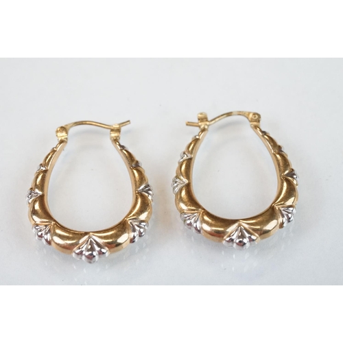 119 - Two pairs of 9ct yellow and white gold hoop earrings; together with two pairs of 9ct yellow gold dro... 