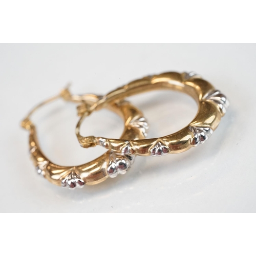 119 - Two pairs of 9ct yellow and white gold hoop earrings; together with two pairs of 9ct yellow gold dro... 