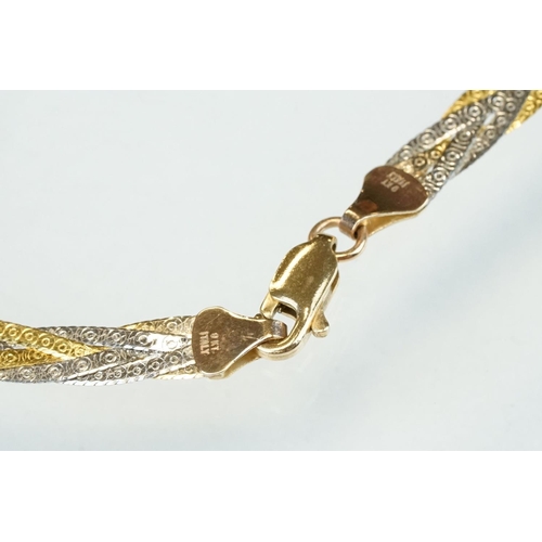 305 - 9ct yellow and white gold necklace, plaited form, lobster clasp, length approx 46cm