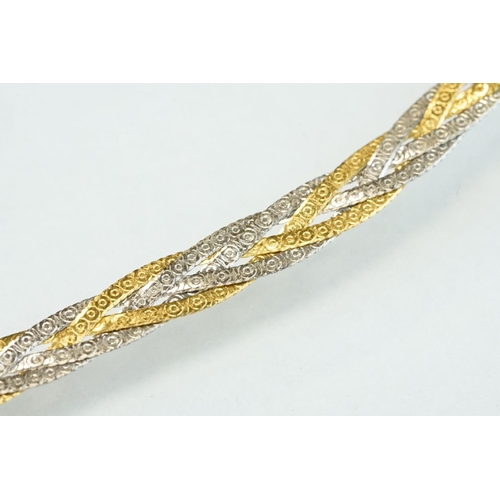 305 - 9ct yellow and white gold necklace, plaited form, lobster clasp, length approx 46cm