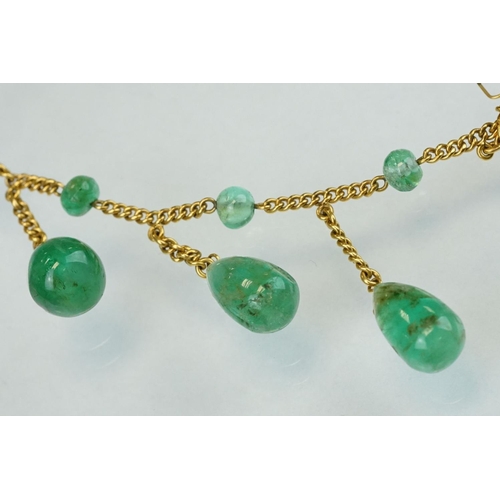 308 - Emerald pendant necklace, 9ct yellow gold chain, six graduated cabochon cut pear-shaped emeralds, fo... 