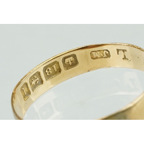 319 - 18ct yellow gold wedding band, width approx 3.5mm, band resized, ring size O; together with a 9ct ye... 